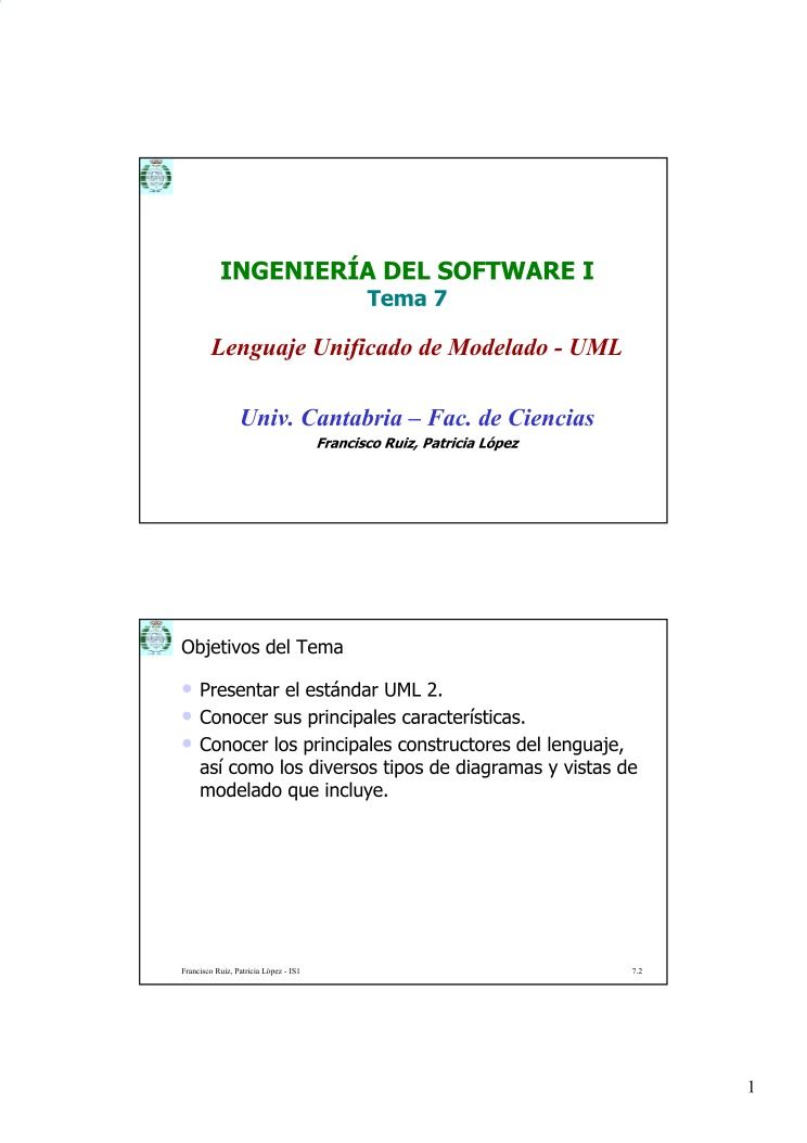 PDF de programación - INGENIERÍA DEL SOFTWARE I - Tema 7 - Lenguaje  Unificado de Modelado - UML