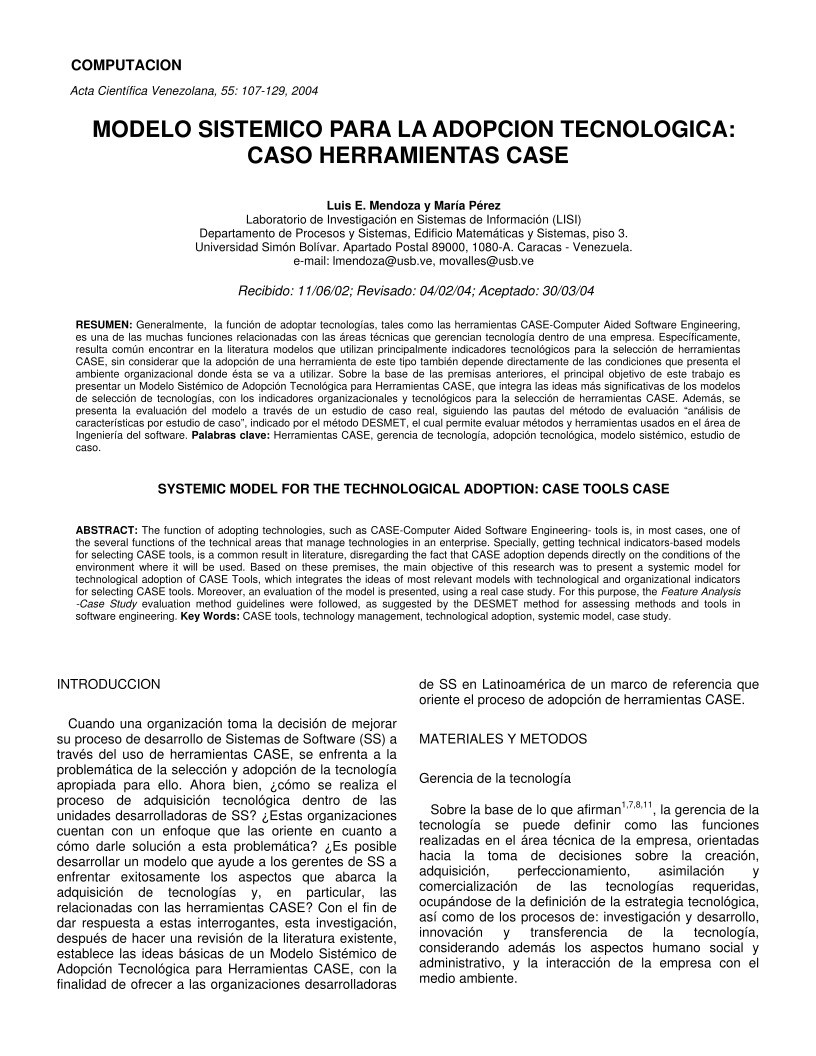 PDF de programación - MODELO SISTEMICO PARA LA ADOPCION TECNOLOGICA: CASO  HERRAMIENTAS CASE